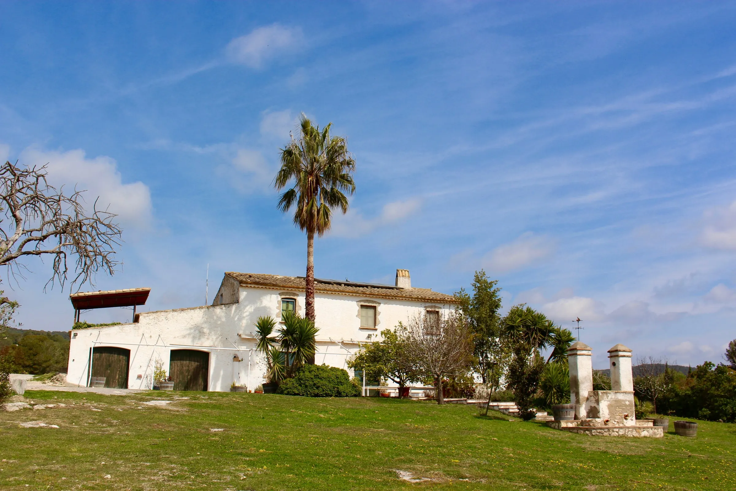 Masía Can Pagès con palmera y cielo azul